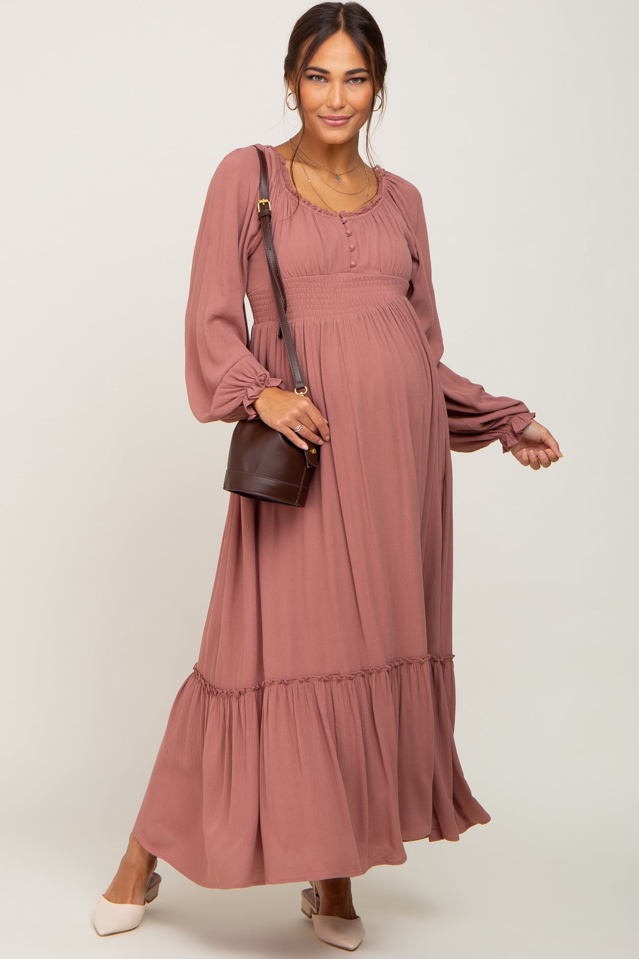 Olive Smocked Ruched Ruffle Hem Maternity Maxi Dress– PinkBlush