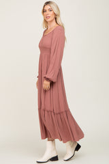 Mauve Lace Trim Smocked Waist Maxi Dress