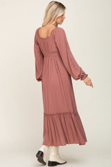 Mauve Lace Trim Smocked Waist Maxi Dress