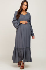 Charcoal Lace Trim Smocked Waist Maternity Maxi Dress