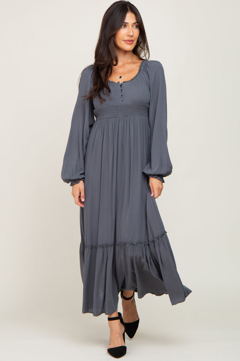 Charcoal Lace Trim Smocked Waist Maxi Dress– PinkBlush