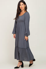 Charcoal Lace Trim Smocked Waist Maxi Dress