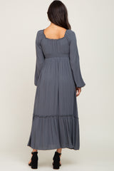 Charcoal Lace Trim Smocked Waist Maxi Dress