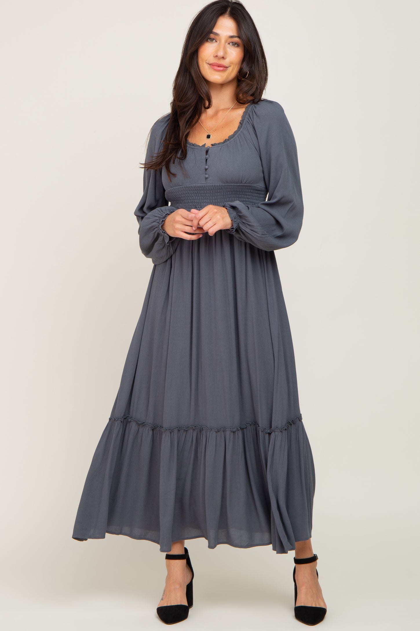 Charcoal Lace Trim Smocked Waist Maxi Dress – PinkBlush