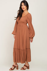 Camel Lace Trim Smocked Waist Maxi Dress