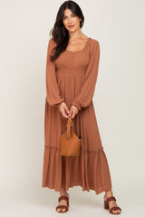 Camel Lace Trim Smocked Waist Maxi Dress