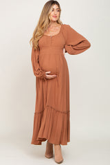 Camel Lace Trim Smocked Waist Maternity Maxi Dress