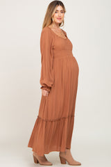 Camel Lace Trim Smocked Waist Maternity Maxi Dress