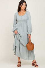 Light Blue Lace Trim Smocked Waist Maternity Maxi Dress