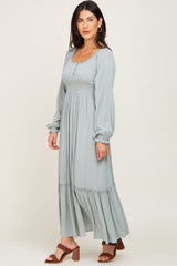 Light Blue Lace Trim Smocked Waist Maxi Dress