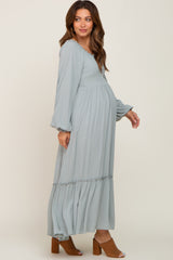 Light Blue Lace Trim Smocked Waist Maternity Maxi Dress