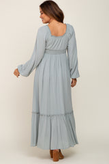 Light Blue Lace Trim Smocked Waist Maternity Maxi Dress