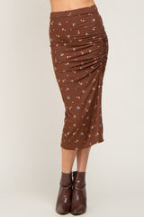 Brown Floral Ribbed Ruched Slit Midi Skirt