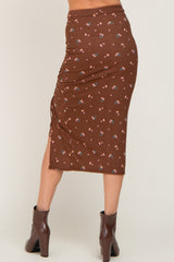 Brown Floral Ribbed Ruched Slit Midi Skirt