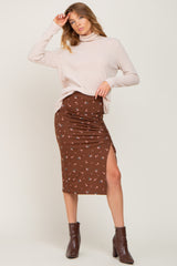 Brown Floral Ribbed Ruched Slit Midi Skirt