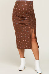 Brown Floral Ribbed Ruched Slit Maternity Midi Skirt