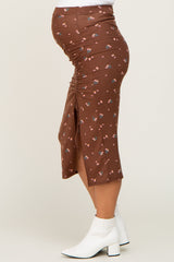 Brown Floral Ribbed Ruched Slit Maternity Midi Skirt