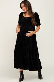 Black Velvet Tiered Maternity Maxi Dress