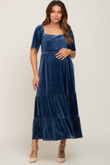 Dark Teal Velvet Tiered Maternity Maxi Dress