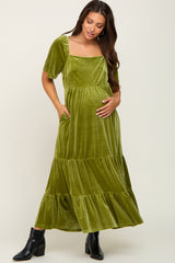 Green Velvet Tiered Maternity Maxi Dress