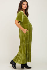 Green Velvet Tiered Maternity Maxi Dress