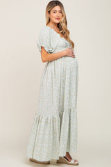 Sage Floral Smocked Ruffle Maternity Maxi Dress