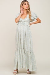 Sage Floral Smocked Ruffle Maternity Maxi Dress