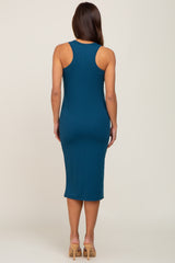 Teal Rib Knit Button Front Maternity Midi Dress