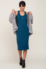 Teal Rib Knit Button Front Midi Dress