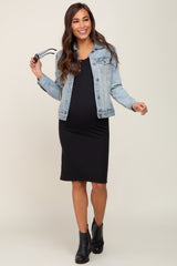 Black Rib Knit Button Front Maternity Midi Dress