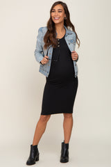 Black Rib Knit Button Front Maternity Midi Dress