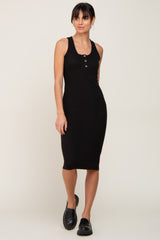 Black Rib Knit Button Front Maternity Midi Dress