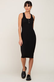 Black Rib Knit Button Front Midi Dress