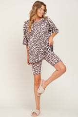 Brown Animal Print Biker Short Maternity Lounge Set