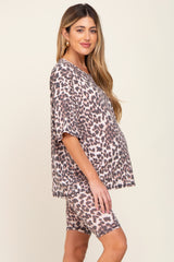 Brown Animal Print Biker Short Maternity Lounge Set