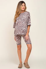 Brown Animal Print Biker Short Maternity Lounge Set