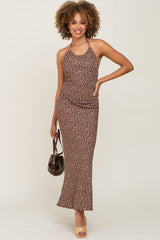 Brown Floral Halter Neck Maxi Dress