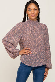 Navy Floral Smocked Mock Neck Blouse