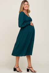 Forest Green Wrap Smocked Accent Long Sleeve Maternity Dress