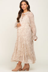 Cream Floral Chiffon Tiered Maternity Maxi Dress