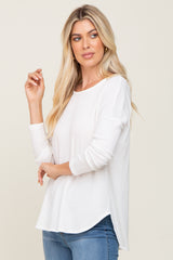 Ivory Waffle Knit Curved Hem Long Sleeve Top