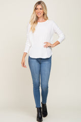 Ivory Waffle Knit Curved Hem Long Sleeve Top