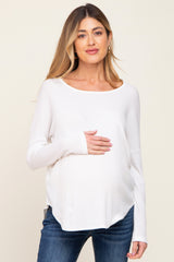 Ivory Waffle Knit Curved Hem Long Sleeve Maternity Top