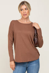 Brown Waffle Knit Curved Hem Long Sleeve Top