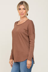 Brown Waffle Knit Curved Hem Long Sleeve Top