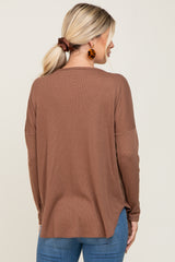 Brown Waffle Knit Curved Hem Long Sleeve Top