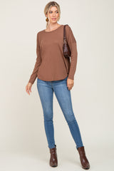 Brown Waffle Knit Curved Hem Long Sleeve Top