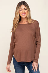 Brown Waffle Knit Curved Hem Long Sleeve Maternity Top