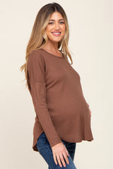 Brown Waffle Knit Curved Hem Long Sleeve Maternity Top