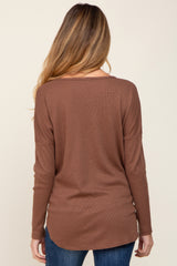 Brown Waffle Knit Curved Hem Long Sleeve Maternity Top